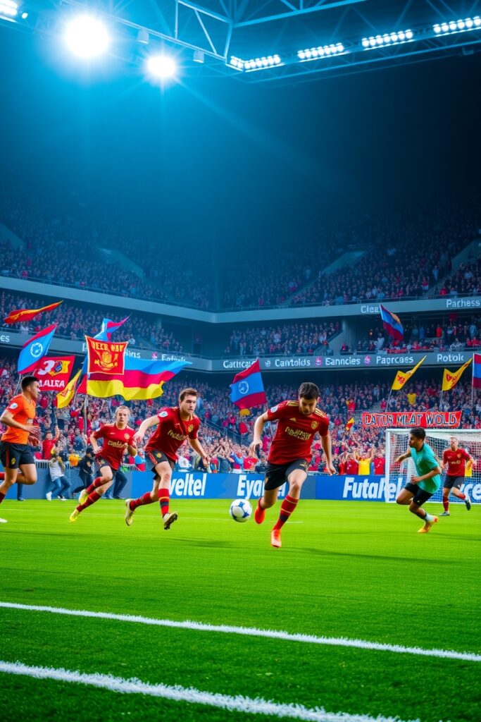 Dynamic Soccer Match Under Bright Stadium Lights – free AI stock image