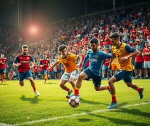 Dynamic Soccer Match Under Bright Stadium Lights – free AI stock image