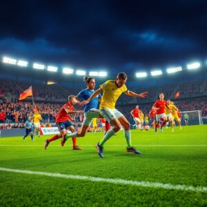 Dynamic Soccer Match Under Bright Stadium Lights – free AI stock image