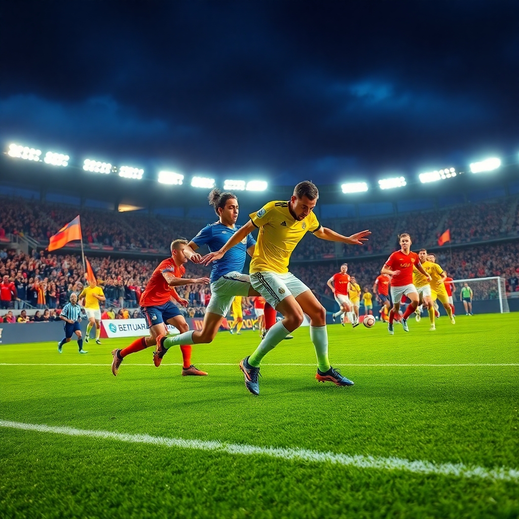 Dynamic Soccer Match Under Bright Stadium Lights – free AI stock image