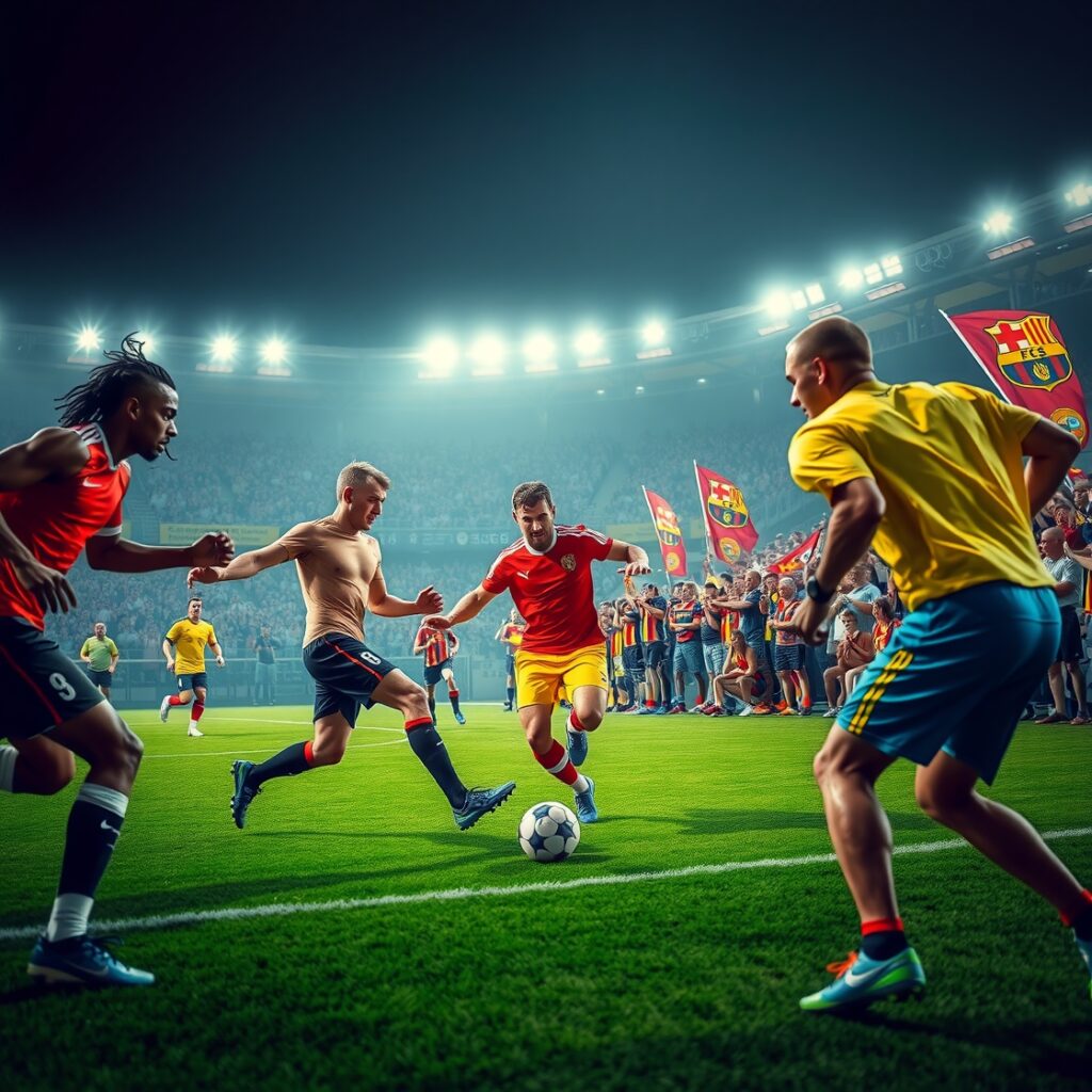 Dynamic Soccer Match Under Bright Stadium Lights – free AI stock image
