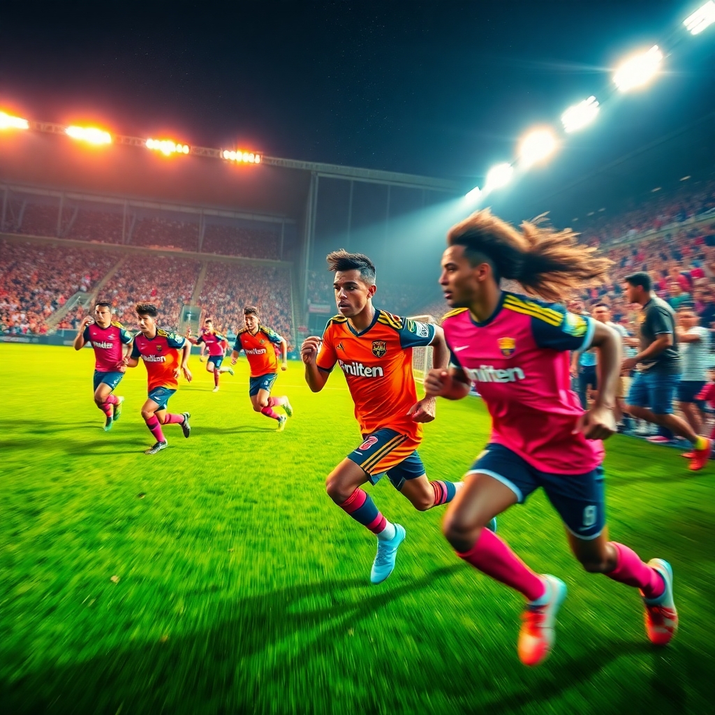 Dynamic Soccer Match Under Bright Stadium Lights – free AI stock image