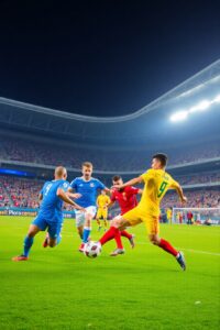 Dynamic Soccer Match Under Bright Stadium Lights – free AI stock image