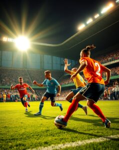Dynamic Soccer Match Under Bright Stadium Lights – free AI stock image