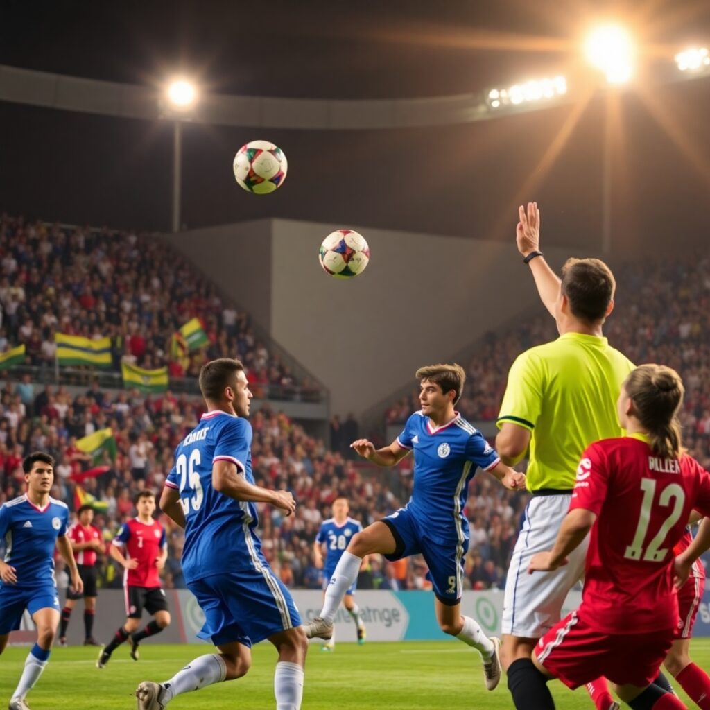 Dynamic Soccer Match Under Bright Stadium Lights – free AI stock image