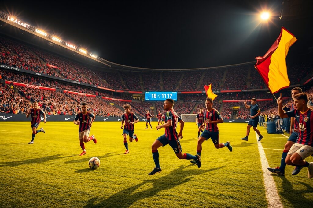 Dynamic Soccer Match Under Bright Stadium Lights – free AI stock image