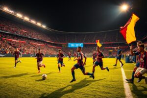Dynamic Soccer Match Under Bright Stadium Lights – free AI stock image