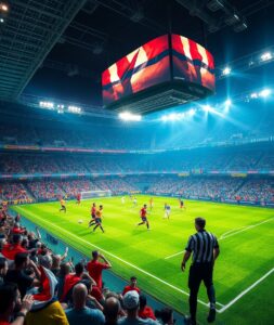 Dynamic Soccer Match Under Bright Stadium Lights – free AI stock image
