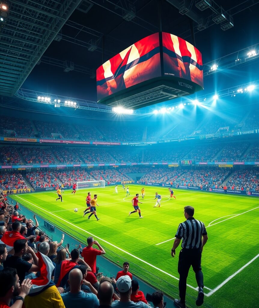Dynamic Soccer Match Under Bright Stadium Lights – free AI stock image