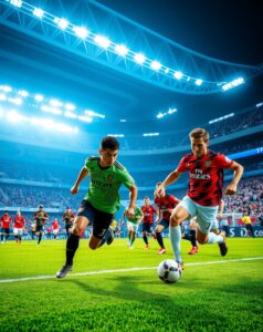 Dynamic Soccer Match Under Bright Stadium Lights – free AI stock image