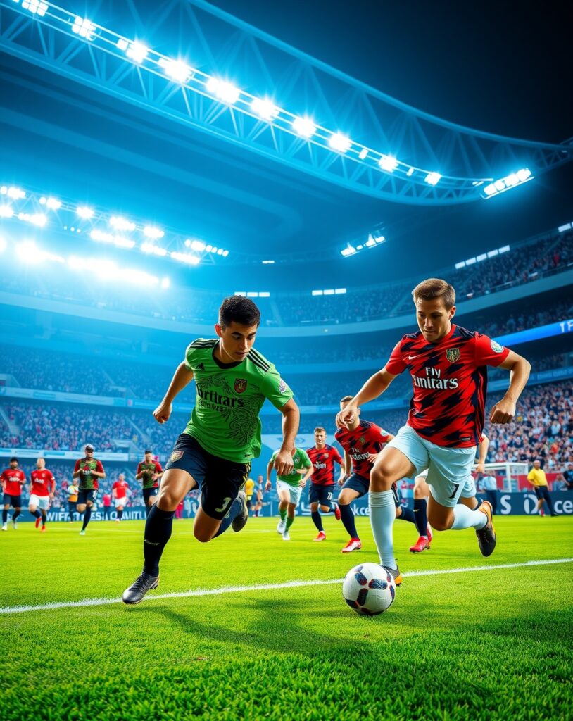 Dynamic Soccer Match Under Bright Stadium Lights – free AI stock image