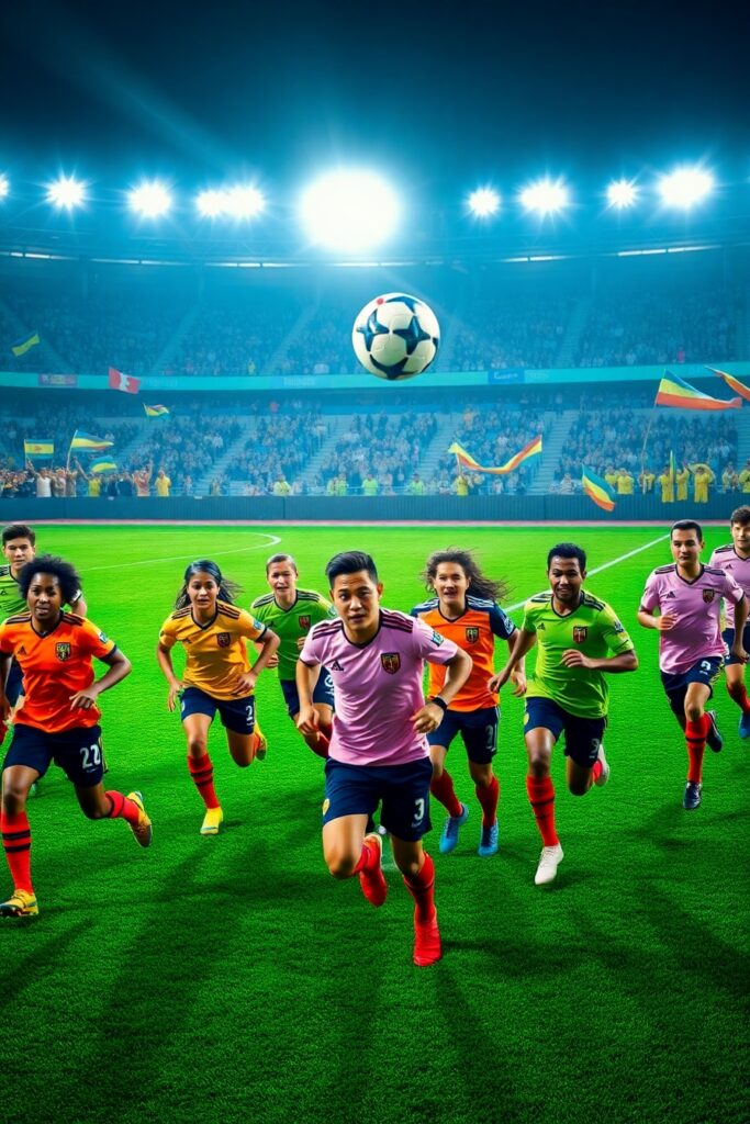 Dynamic Soccer Match Under Bright Stadium Lights – free AI stock image