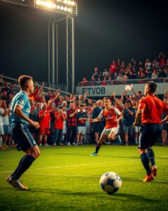 Dynamic Soccer Match Under Bright Stadium Lights – free AI stock image