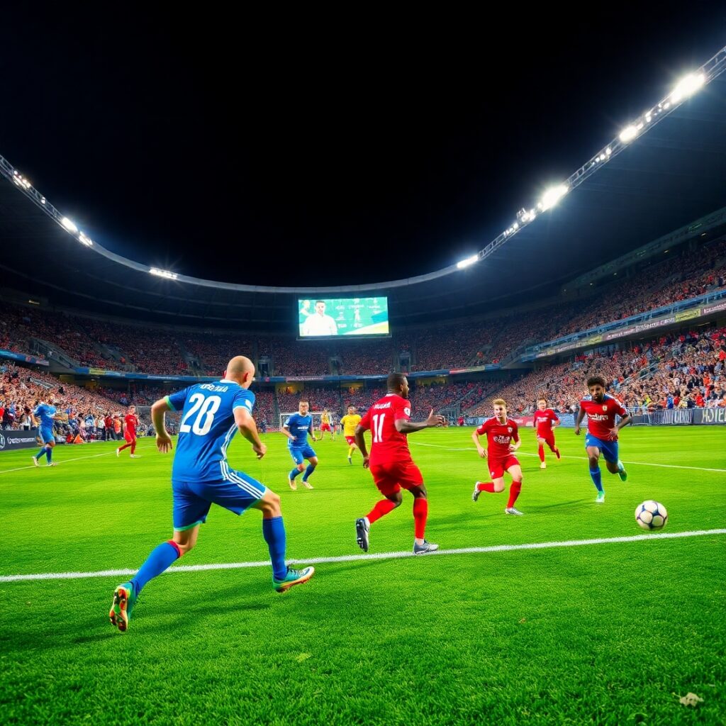 Dynamic Soccer Match Under Bright Stadium Lights – free AI stock image
