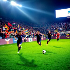 Dynamic Soccer Match Under Bright Stadium Lights – free AI stock image