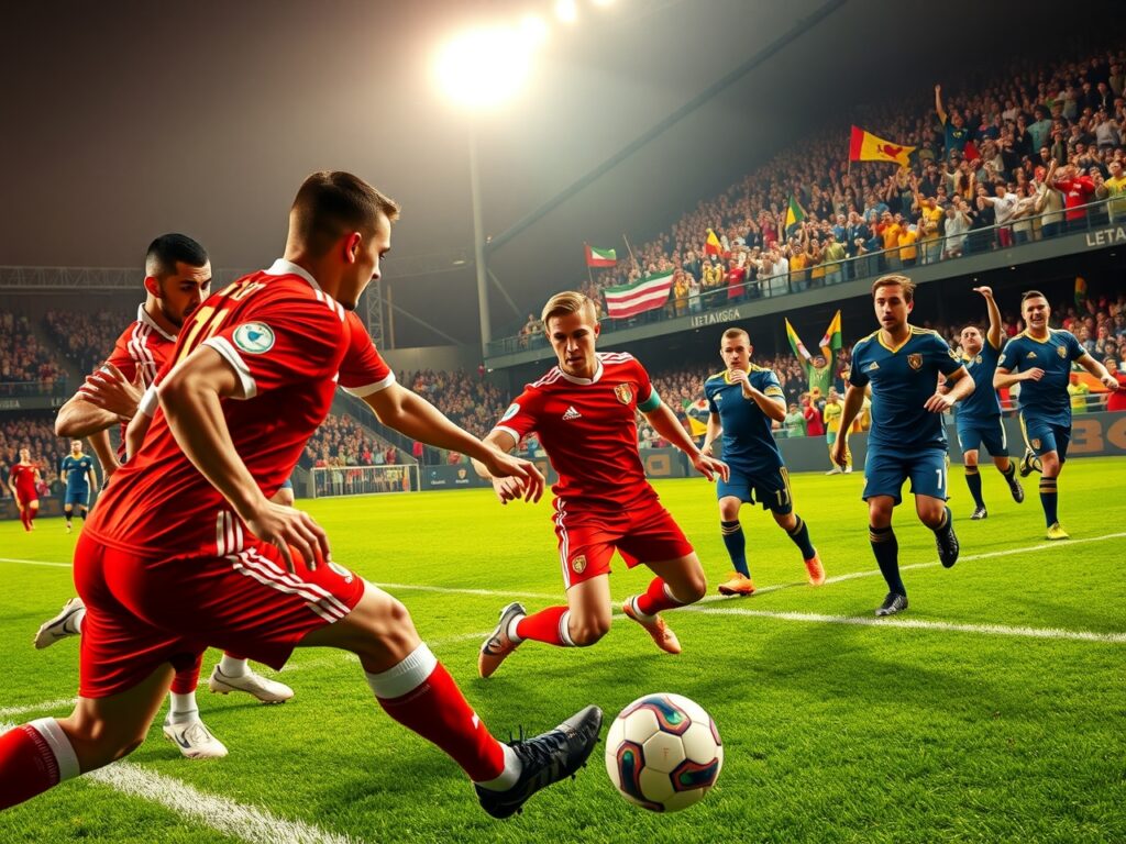 Dynamic Soccer Match Under Bright Stadium Lights – free AI stock image