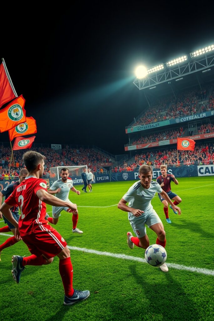 Dynamic Soccer Match Under Brilliant Stadium Lights – free AI stock image