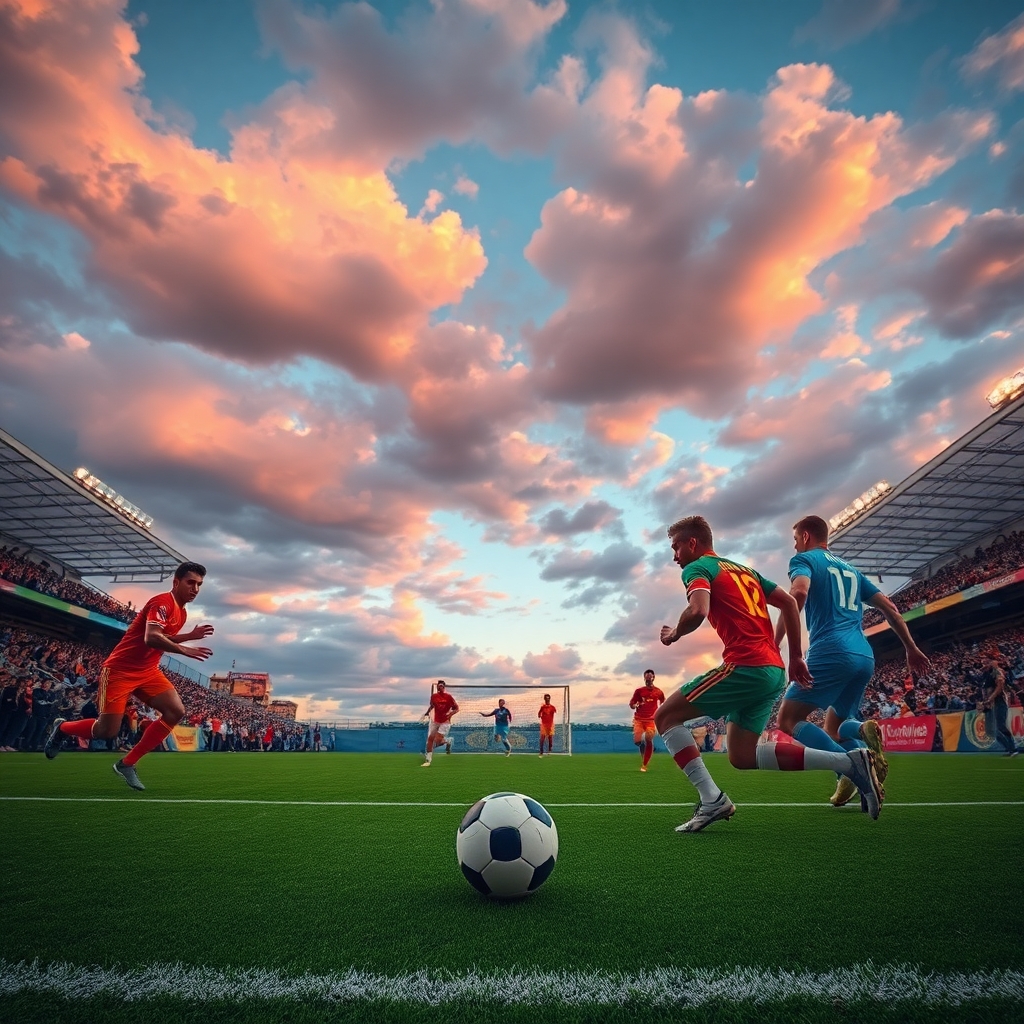Dynamic Soccer Match Under Dramatic Sky – free AI stock image