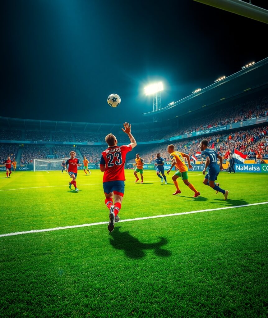 Dynamic Soccer Match Under Stadium Lights – free AI stock image
