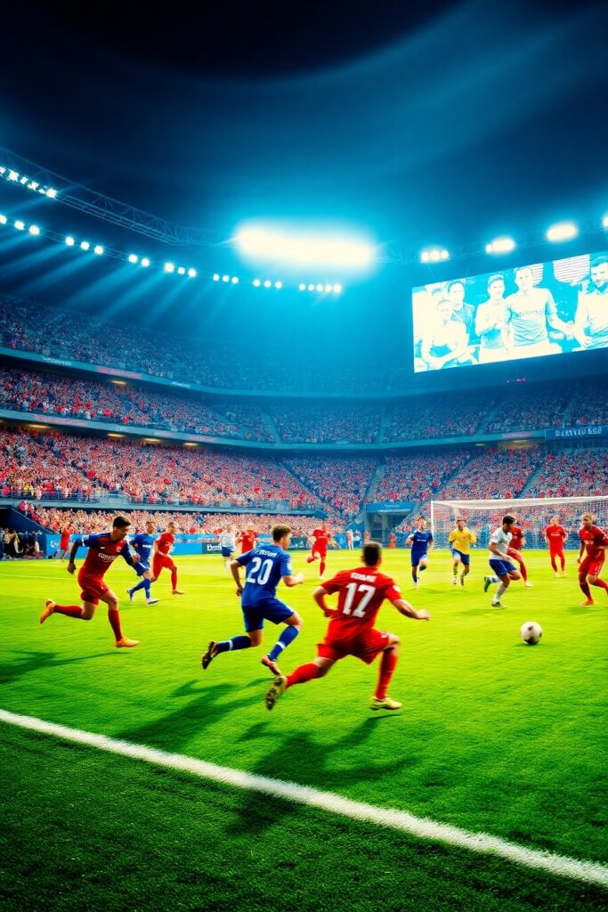 Dynamic Soccer Match Under Stadium Lights – free AI stock image