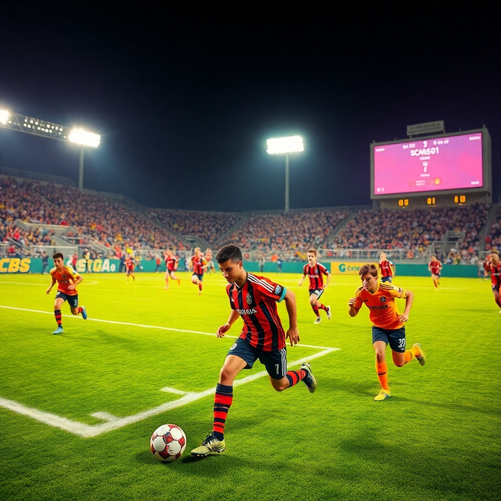 Dynamic Soccer Match Under Stadium Lights – free AI stock image