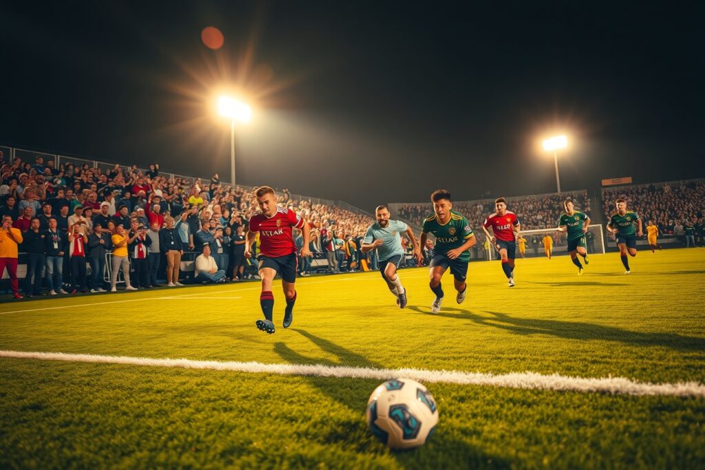 Dynamic Soccer Match Under the Bright Lights – free AI stock image