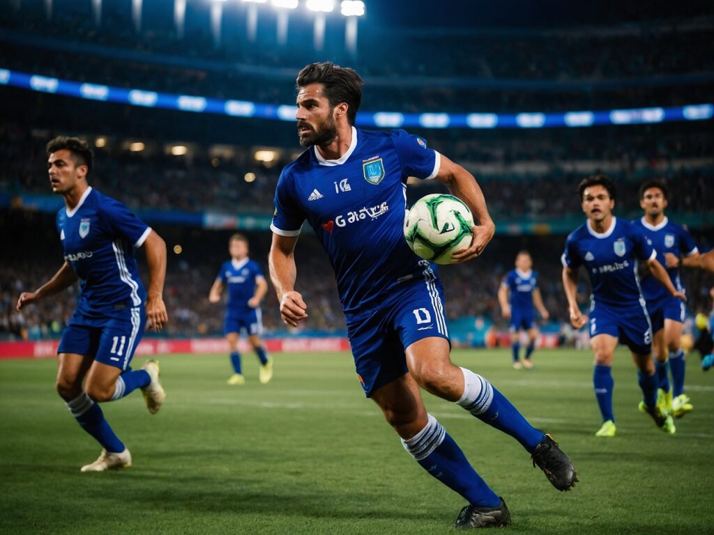 Dynamic Soccer Match Under Vibrant Stadium Lights – free AI stock image