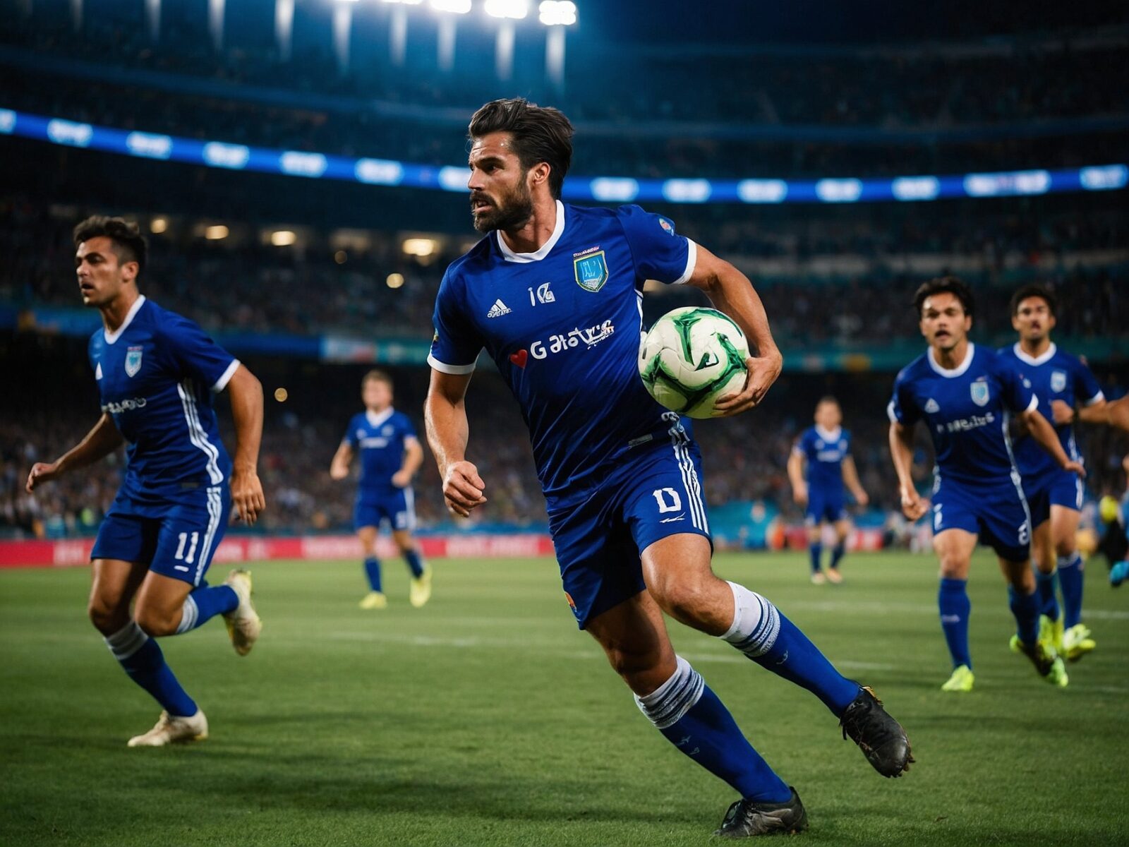 dynamic soccer match under vibrant stadium lights