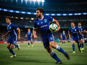 Dynamic Soccer Match Under Vibrant Stadium Lights – free AI stock image