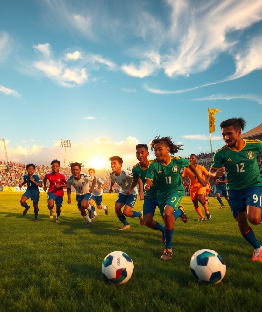 Dynamic Team Playing Soccer Under Bright Sunlight – free AI stock image