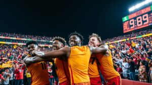 Dynamic Team Spirit at a Brightly Lit Sports Stadium image – free AI stock image