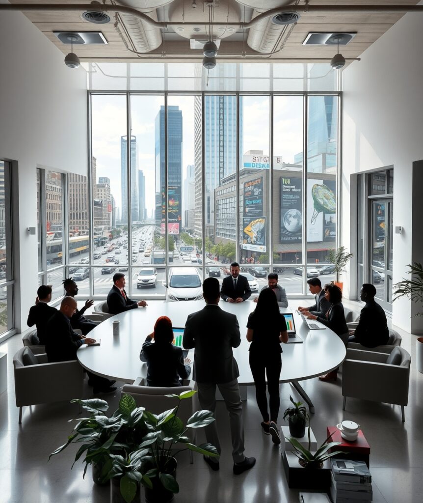 Dynamic Urban Office with Business Professionals – free AI stock image