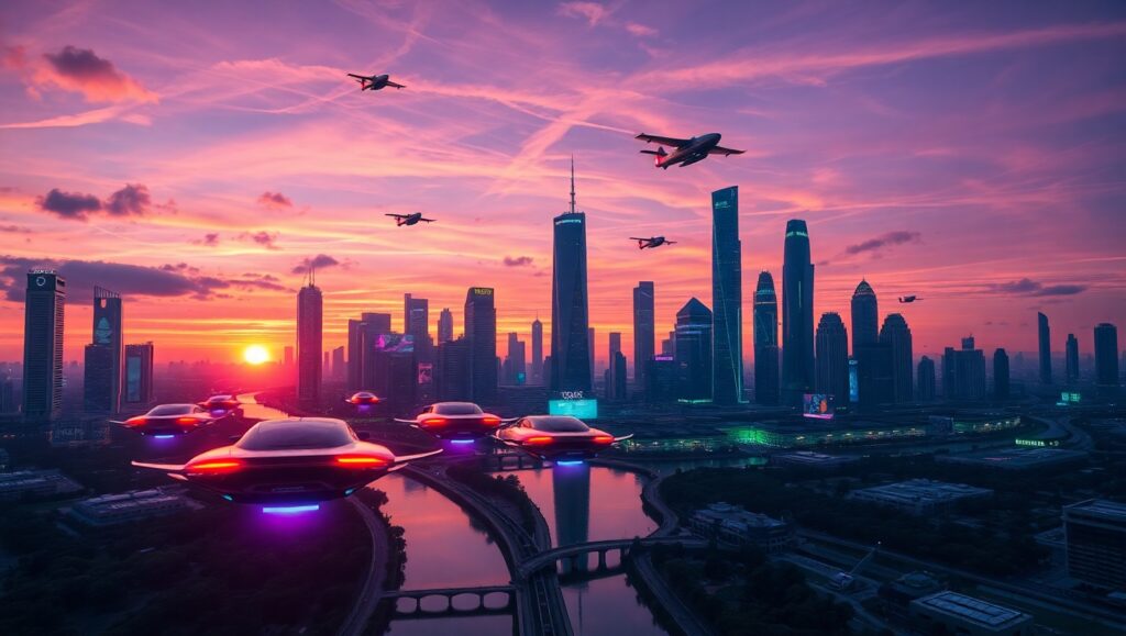 Dystopian Sunset Over Neon City – free AI stock image