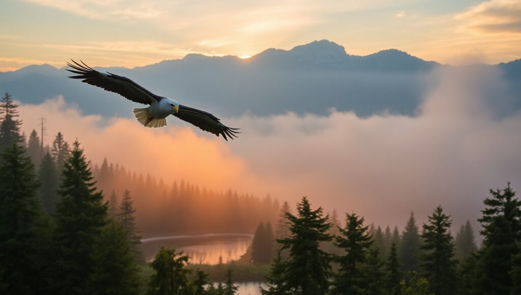 Eagle Over Misty Mountains – free AI stock image