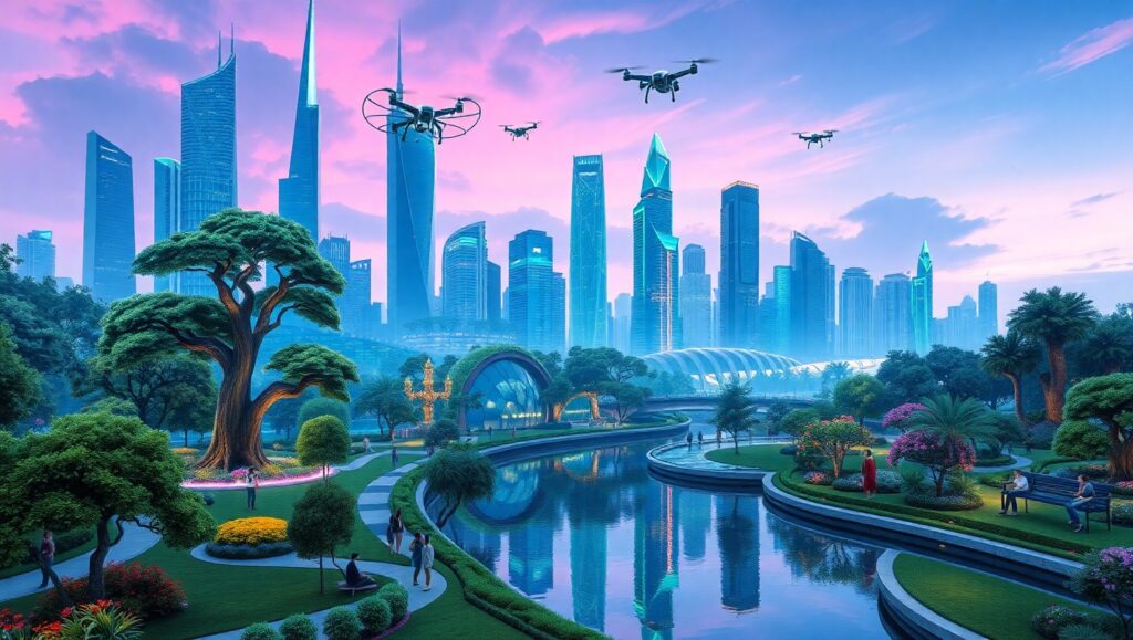 Eco-Urban Fusion in Future City – free AI stock image