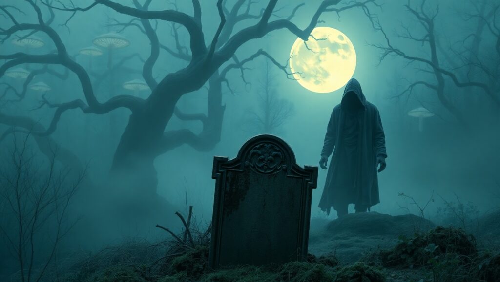 Eerie Encounter in the Foggy Forest – free AI stock image