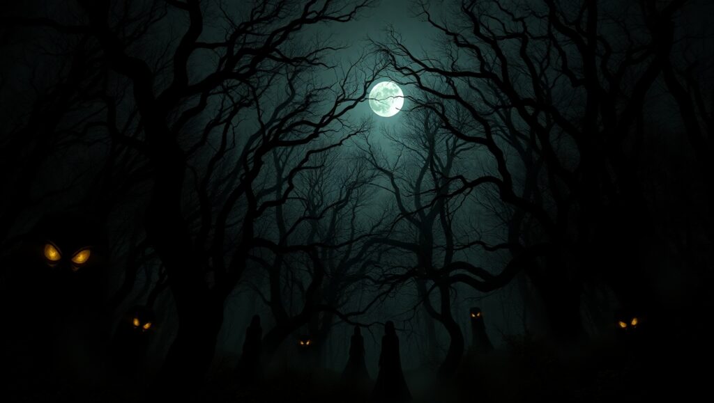 Eerie Encounter in the Haunted Woods – free AI stock image