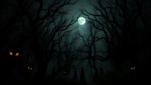 Eerie Encounter in the Haunted Woods – free AI stock image