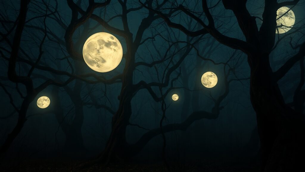 Eerie Forest of Ghostly Orbs – free AI stock image