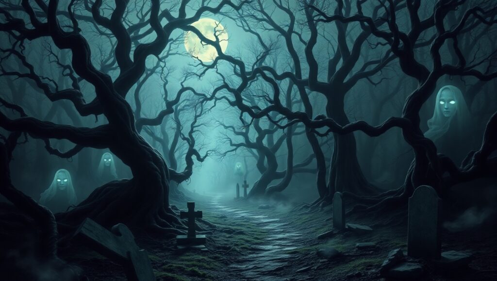 Eerie Night in the Haunted Woods – free AI stock image