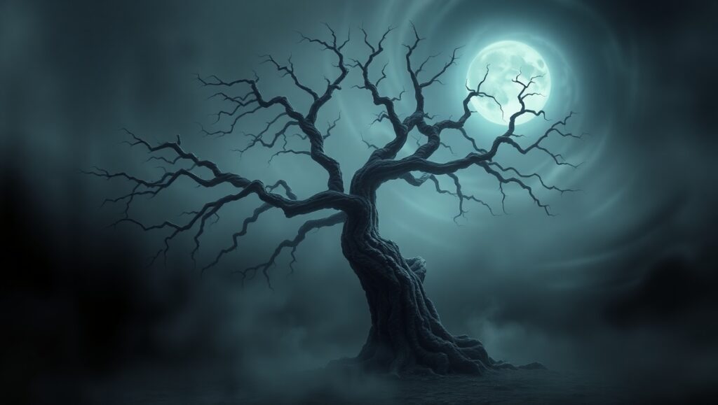 Eerie Tree in the Mist – free AI stock image