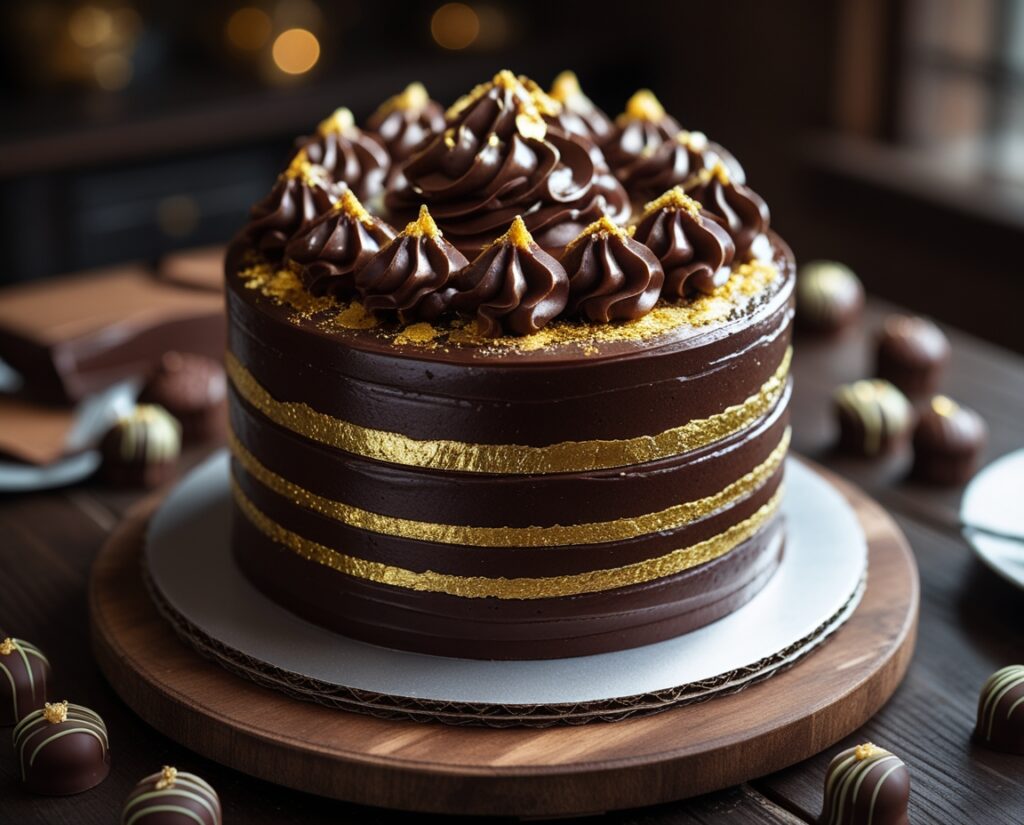 Elegant Chocolate Cake with Gold Decor – free AI stock image