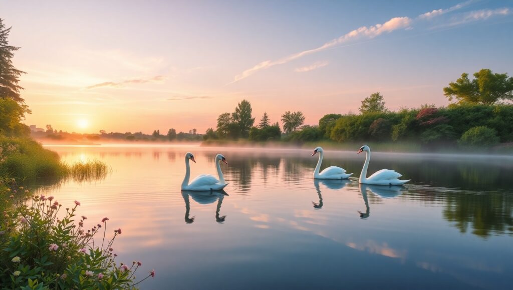 Elegant Dusk: Swans on a Lake – free AI stock image