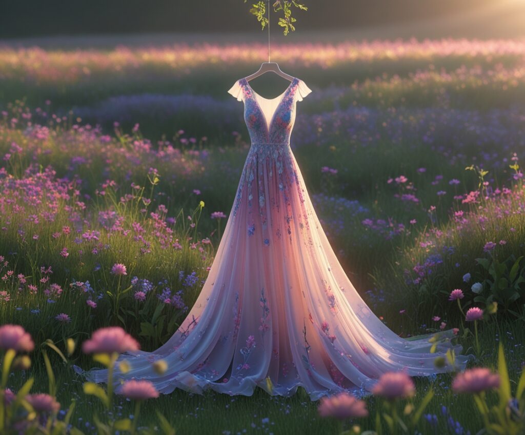 Elegant Evening Dress in a Wildflower Meadow – free AI stock image
