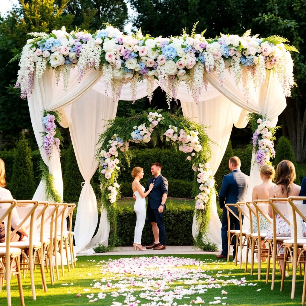 Elegant Floral Wedding Ceremony Under a Canopy – free AI stock image
