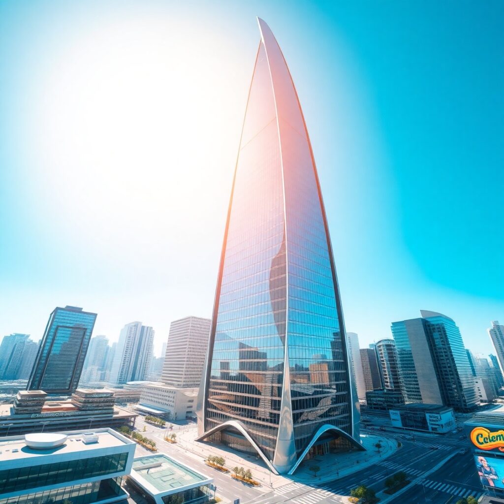 Elegant Futuristic Skyscraper Against Blue Sky – free AI stock image