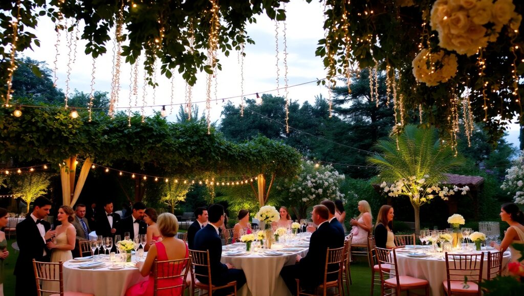Elegant Garden Soirée Under Twinkling Lights – free AI stock image