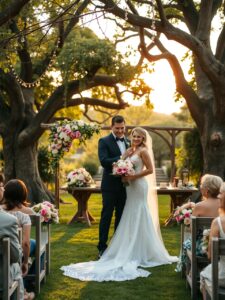 Elegant Garden Wedding Ceremony at Sunset – free AI stock image