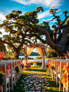 Elegant Garden Wedding Ceremony at Sunset – free AI stock image