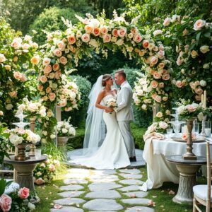 Elegant Garden Wedding Ceremony Under Floral Arch – free AI stock image